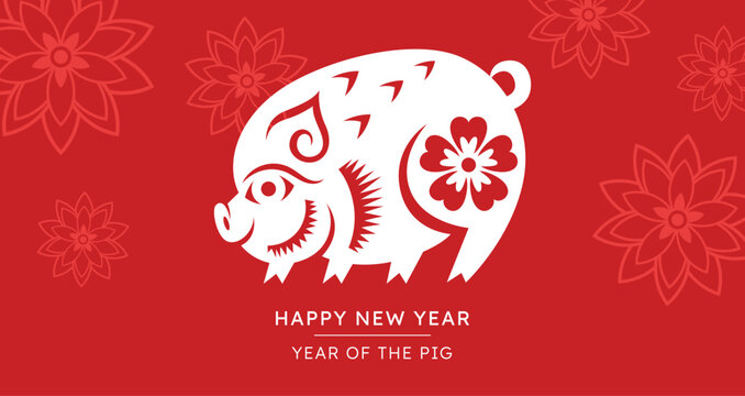 Zodiac Pig in Chinese paper cutting style. Year of the Pig 2031 horizontal greetings card template.