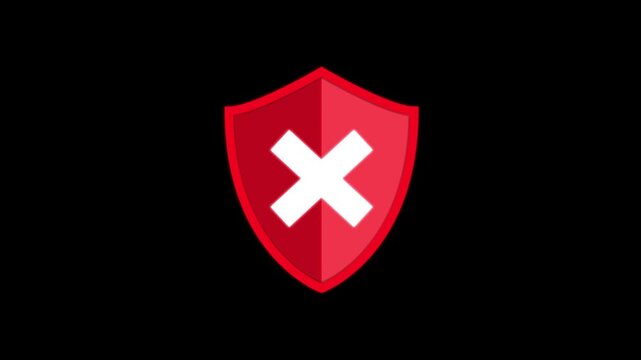 Glowing and flat red shield icon animation with white crossmark and light sweep motion on black background and green screen. 4K animated for security, access denied, system error, and motion graphics.