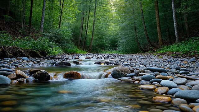 Peaceful Forest Stream with Smooth Stones and Lush Green Trees