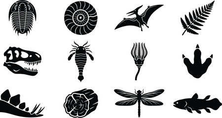 Prehistoric Paleontology and Fossil Silhouette Icon Collection for Science Graphic Design Projects © Joy