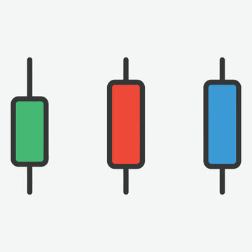 Three candlestick charts representing financial market data with green red and blue colors