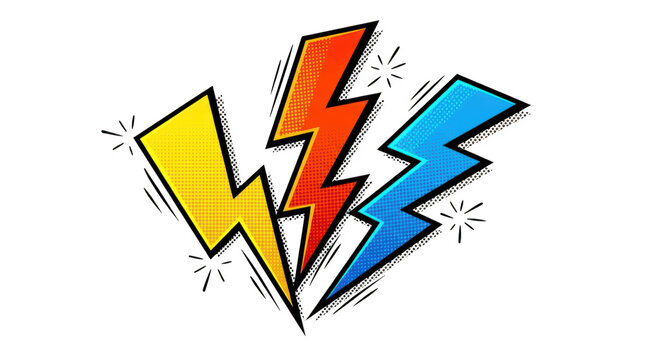 Three colorful comic book lightning bolts isolated on transparent background