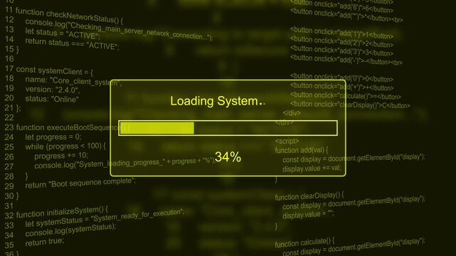 Loading system progress bar animation loop with percentage status box on dark blue programming code background visual asset