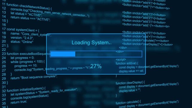 Loading system progress bar animation loop with percentage status box on dark blue programming code background visual asset