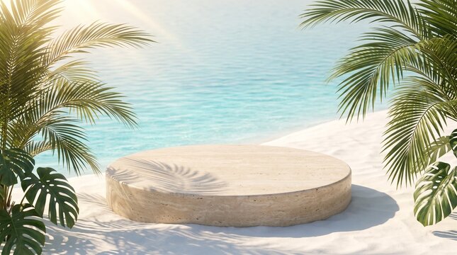 Empty stone pedestal on white sand beach for tropical product display and marketing.