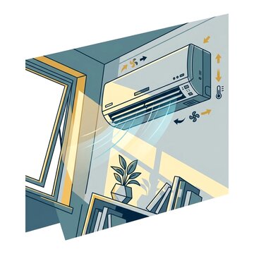 A clean flat vector illustration showcasing a modern wall-mounted air conditioner unit providing cooling airflow in a sunlit interior room featuring a window, houseplant, and books.