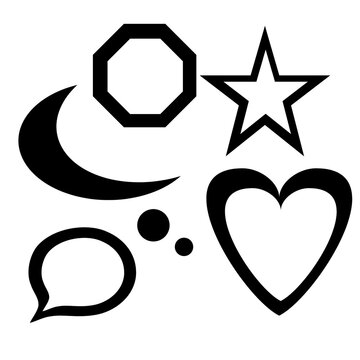 Set of various black and white geometric shapes including a heart star moon and speech bubble icon