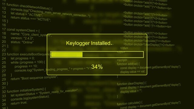 Keylogger installed malware cyber threat progress bar animation loop with percentage loading box on dark code background asset