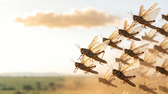 Swarm of locusts flying over a rural landscape during sunset  