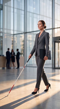 Blind businesswoman with a white cane walks confidently through a sunlit office lobby carrying her laptop