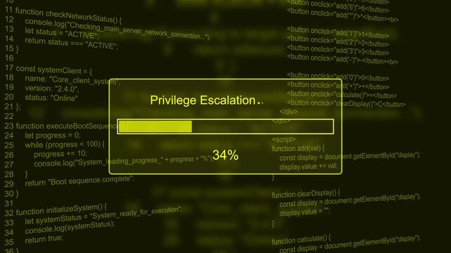 Privilege escalation cyber security exploit progress bar animation loop with percentage status box on dark code background asset