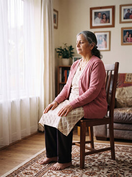 A South Asian woman sits on a chair in her living room. She wears a cardigan and a long dress. The sunlight comes through the window. Pictures are on the wall behind her