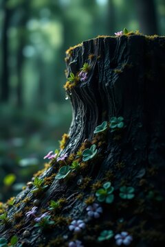 Tiny pink flowers and green clover growing on a mossy tree stump in a damp forest