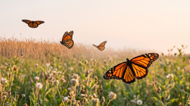 Monarch butterflies migrating over a flower field at sunset  