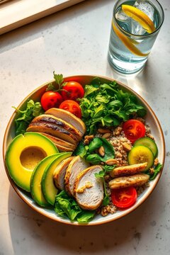 Healthy nourish bowl with grilled chicken, avocado, and vegetables next to lemon water