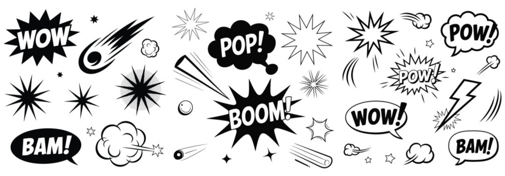 Collection of comic book speech bubbles and action effects in black silhouette