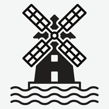 Simple black and white illustration of a classic windmill on water waves