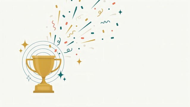 A golden trophy cup surrounded by colorful confetti and star shapes on a light background with shapes floating above background decorative stands light