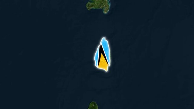 Saint Lucia island map with national flag texture overlay, satellite view zoom in from Caribbean sea region, 3D motion graphic