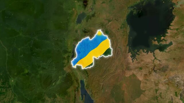 Rwanda map with national flag texture overlay, satellite view showing country borders and geography in a high quality motion graphic