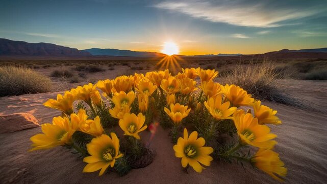 Desert Sunrise Over Yellow Desert Flowers Blooming in Arid Landscape