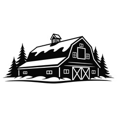Naklejka premium A detailed barn and evergreen trees illustration presented as a black silhouette