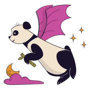 A mischievous panda soars with gargoyle wings