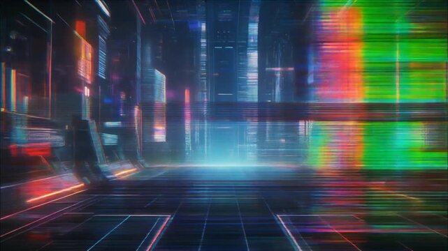 Futuristic Cyberpunk Cityscape with Neon Lights and Glitch Effect