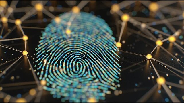 fingerprint on a black background social media innovative cyber security network, using interconnected nodes to represent business partnerships on the Smart digital Innovation city with connection net