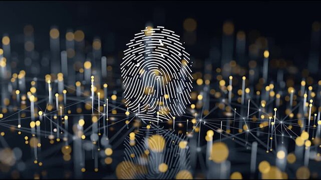 fingerprint on a black background social media innovative cyber security network, using interconnected nodes to represent business partnerships on the Smart digital Innovation city with connection net
