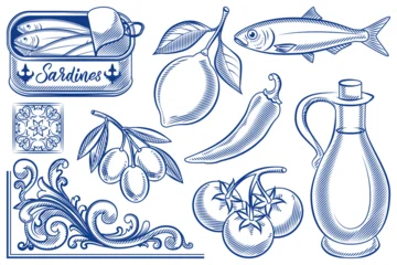 Vector hand drawn Portuguese symbols. Canned sardine fish, azulejo tile, lemon, olive. Mediterranean design elements © Qualit Design