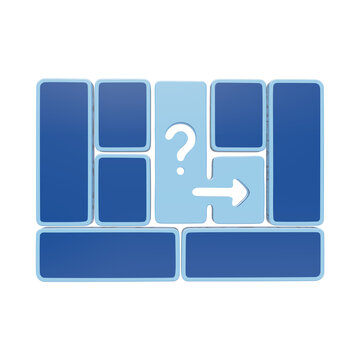 3D rendered blue rectangular blocks arranged in a grid with a central light blue block featuring a black question mark and a right-pointing arrow icon on a white background