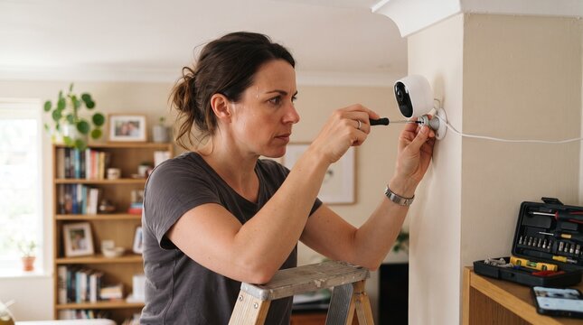 A woman is installing a security camera on the wall with a screwdriver. She is standing on a ladder with a toolbox next to her. The room appears to be a living room or home office.