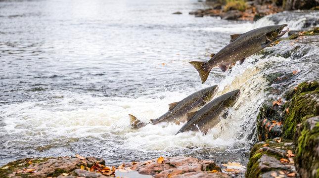 Salmon swimming upstream to spawn over rocky waterfall  