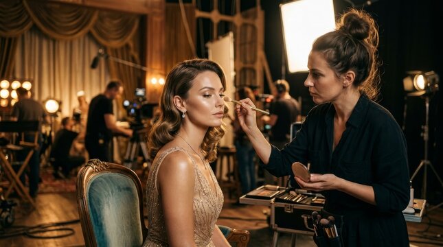 Skilled makeup artist enhancing model's beauty in a vibrant film studio environment