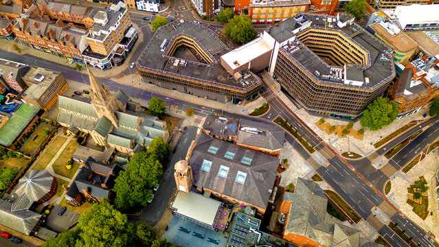 Overhead view of St Barnabas Cathedral and unique hexagonal building