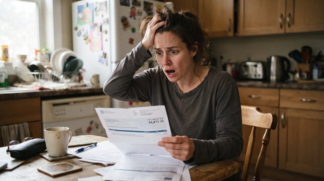 A distressed woman sitting at a kitchen table, clutching her head in shock as she looks at a document. The scene conveys a sense of financial worry and despair