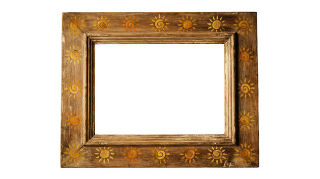 Rustic wooden picture frame decorated with painted suns isolated on transparent background