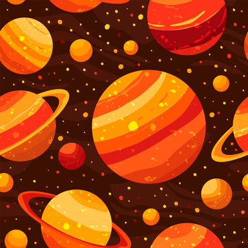 Seamless pattern with red planets and stars in textured vector style background.