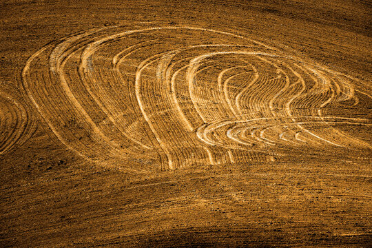 Rolling Plowed Field on Farm with Furrow Marks and Rows Texture