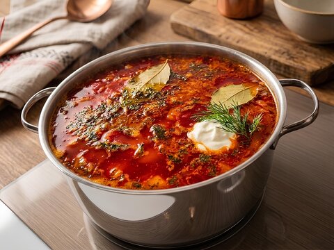 Traditional red beetroot borscht soup in a stainless steel pot with sour cream, dill and bay leaves