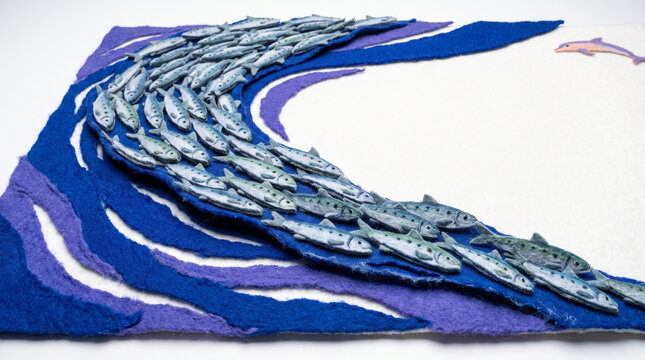 Underwater sardine run depicted with felt in blue and purple waves  