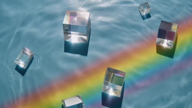 Rainbow Spectrum Light Refraction Through Glass Cubes Floating on Water