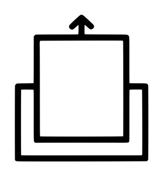 Hand-drawn vector icon of stacked picture frames or documents with an upward arrow above, symbolizing uploading, exporting, sharing, or rising content in a minimalist black line style
