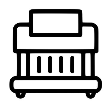 Black line vector icon illustration of a binding machine office equipment with stacked paper trays and comb binding mechanism on wheels for document finishing graphic resource