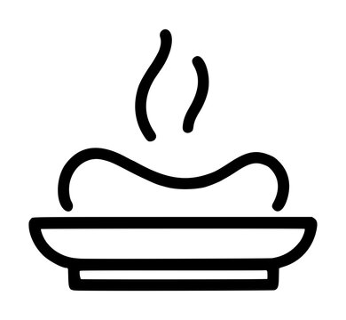 Minimalist black line art vector icon of a soap dish with a wavy bar of soap emitting two graceful steam swirls above it, perfect for bathroom and hygiene themed designs