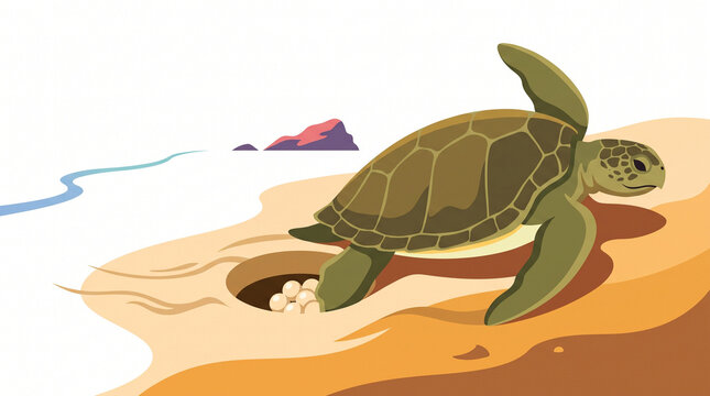 Sea turtle nesting and laying eggs on sandy beach by the ocean  