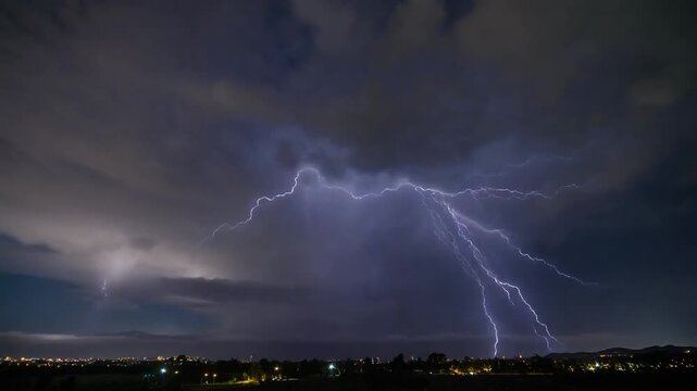Dramatic Lightning Storm Over City Skyline at Night