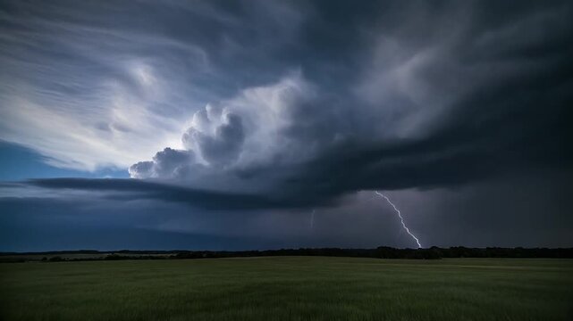 Dramatic Lightning Bolt Strikes Dark Stormy Sky Over Rural Landscape