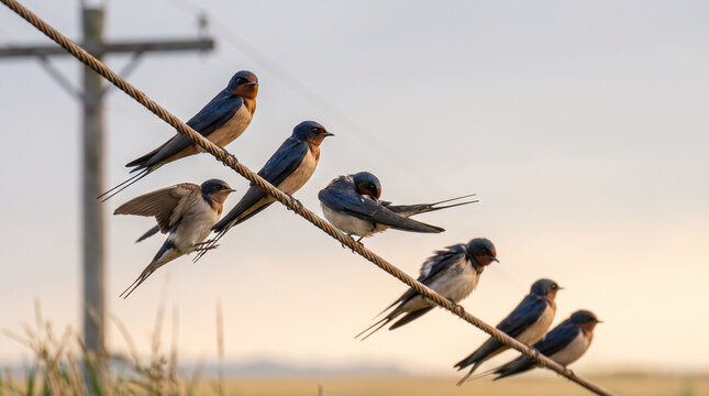 Swallows perched on a power line against a sunset background  